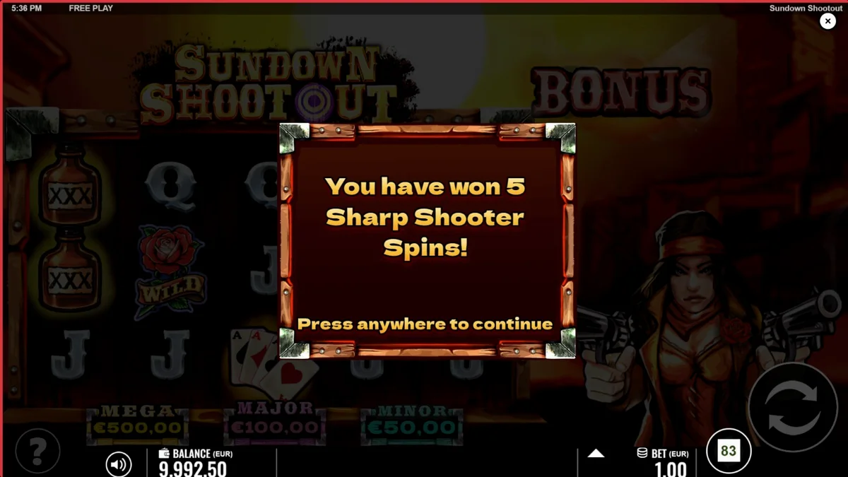 Sundown Shootout slot game screen na nagpapakita ng Wild West theme at revolver symbols