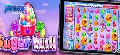 Sugar Rush slot game grid na may makukulay na kendi at multiplier spots.